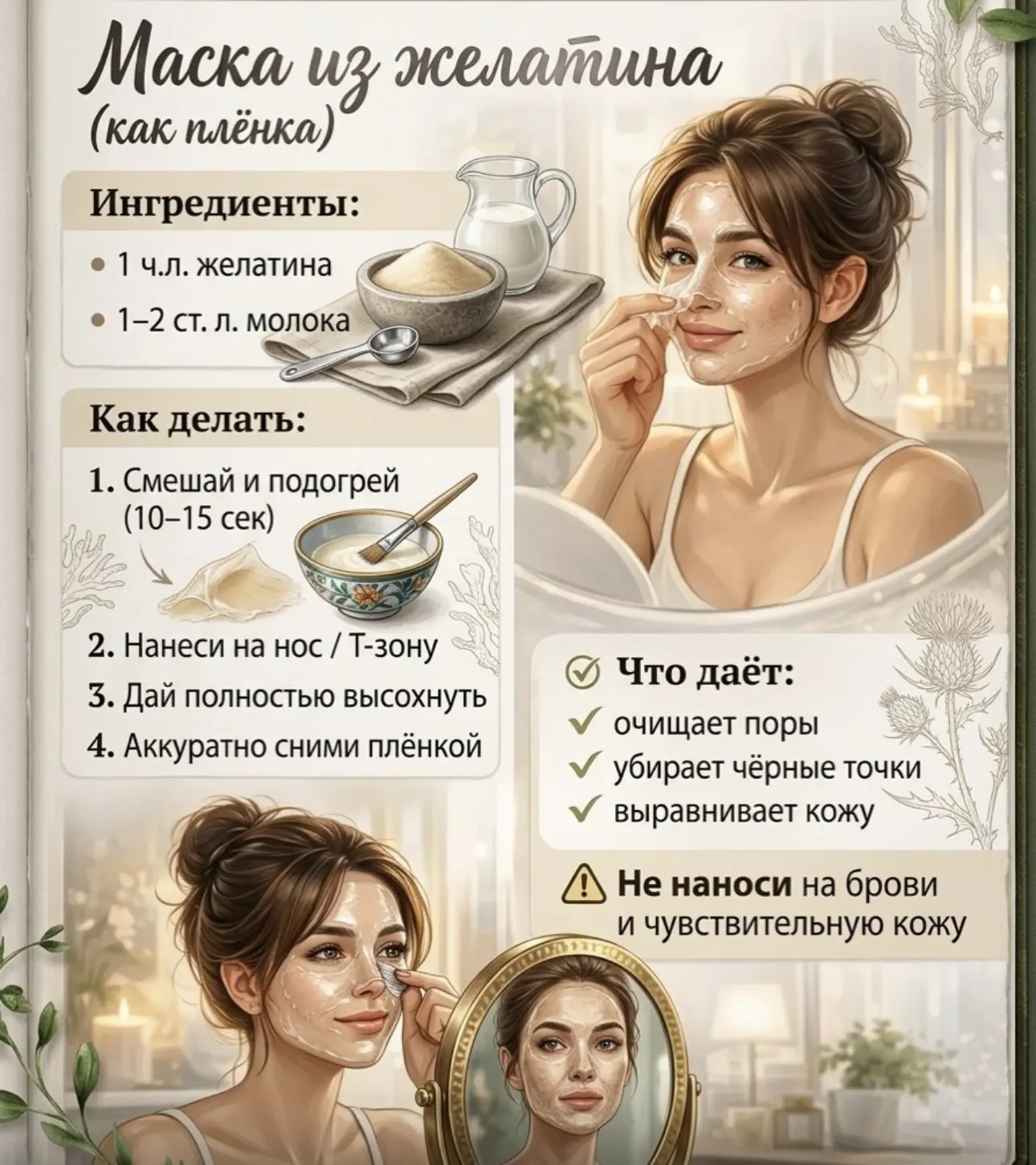 💛Желатиновые маски для кожи: домашний уход с эффектом свежести. 

☘️Желатин — источник натурального