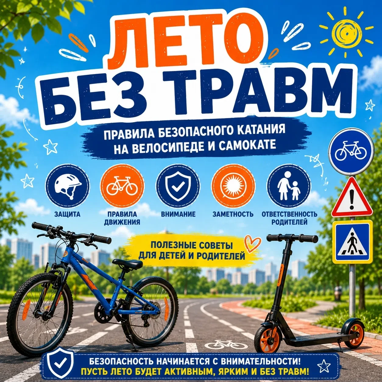 ☀️ Лето — время активного отдыха, прогулок и катания на велосипедах и самокатах 🛴
Чтобы летние кани
