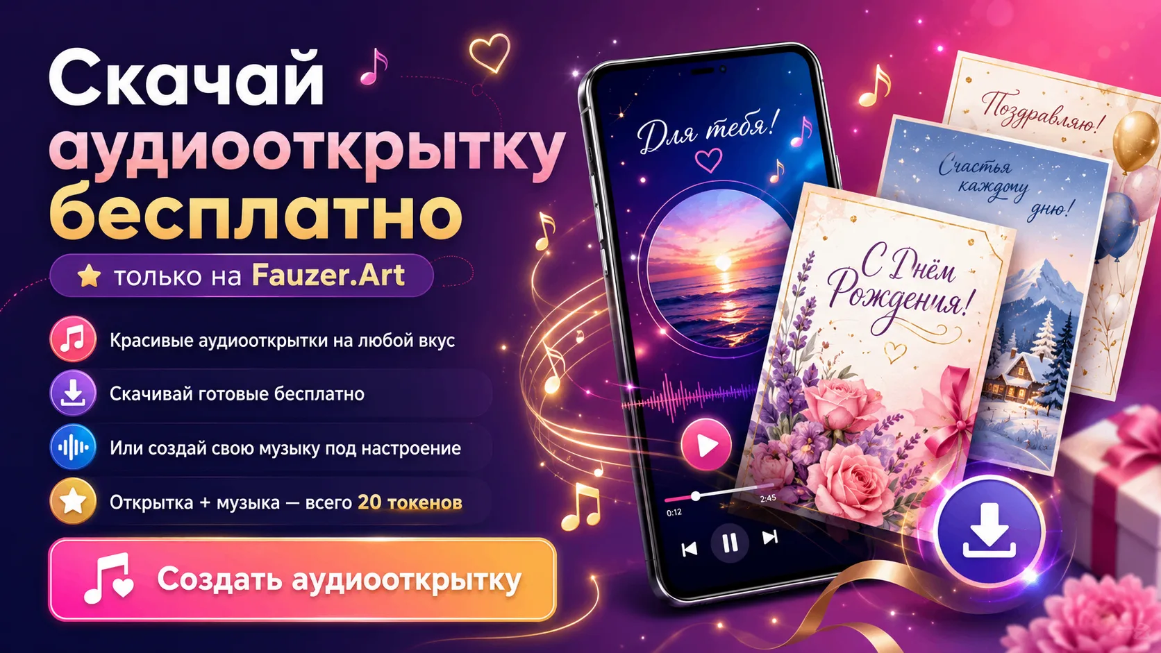 🎵 РЕБЯТА, АУДИООТКРЫТКИ БЕСПЛАТНО! 🎉Вы можете скачать любые красивые открытки с музык...