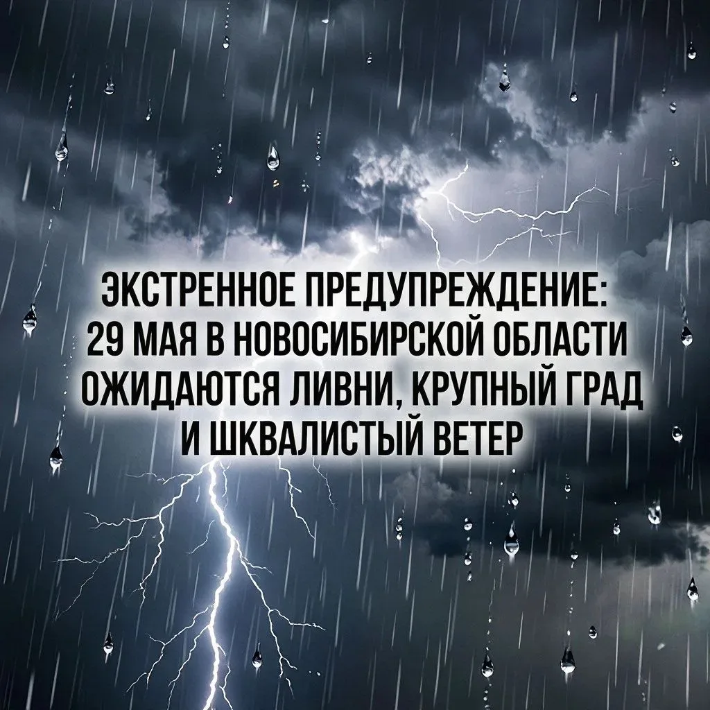 ⚡ ЭКСТРЕННОЕ ПРЕДУПРЕЖДЕНИЕ: 29 мая в Новосибирской области ожидаются ливни, крупный град и шквалист