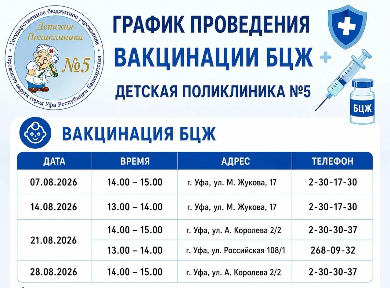 Уважаемые родители!
Детская поликлиника № 5 информирует о графике проведения вакцинации БЦЖ и Диаски