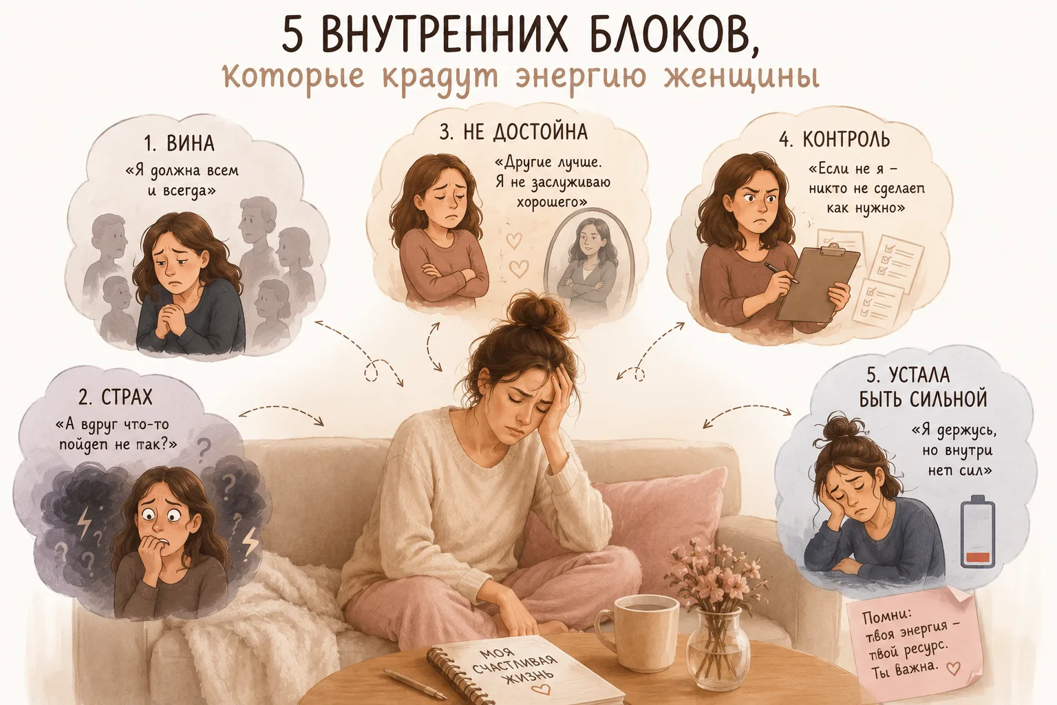 💎 5 внутренних блоков, которые крадут энергию женщины