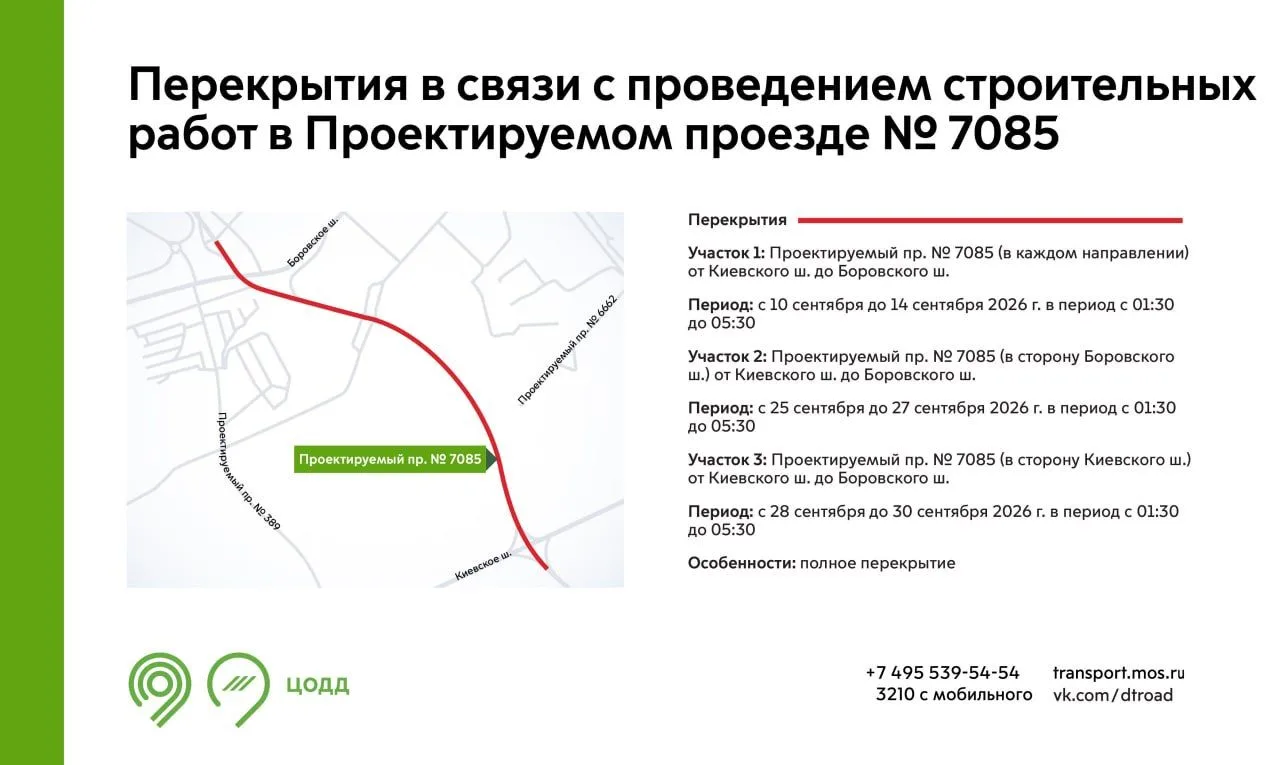 С 10 до 30 сентября в период с 01:30 до 05:30 участки Проектируемого проезда № 7085 буд...