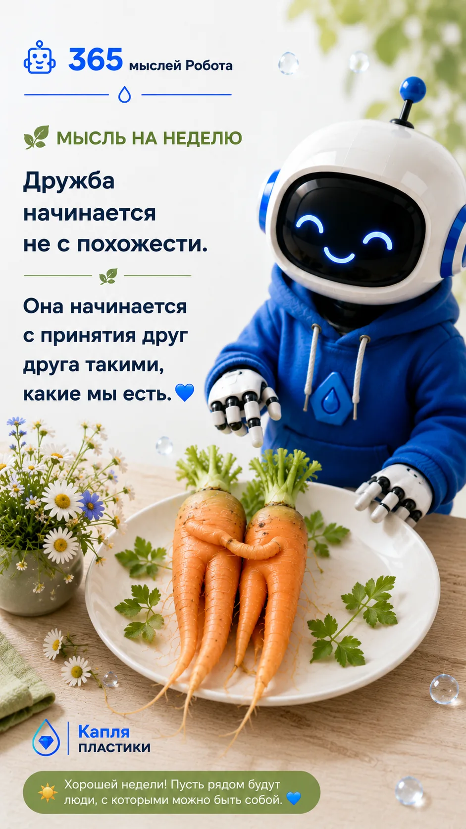 🌿 Мысль на неделю

🤖Дружба начинается не с похожести.
Она начинается с принятия друг друга такими,