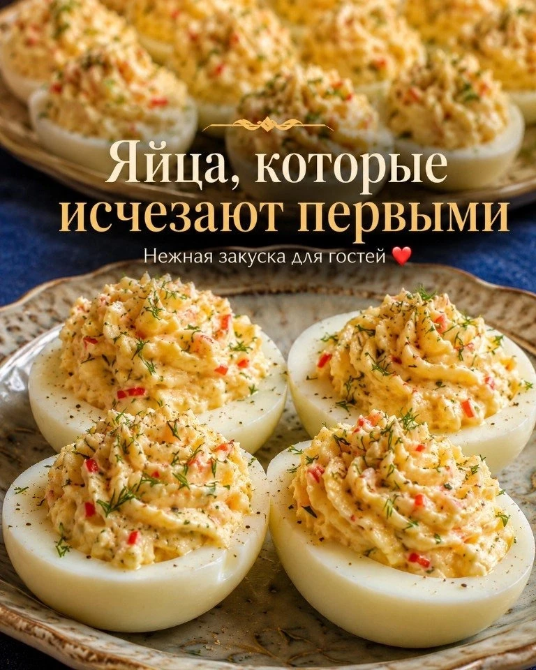 🥚 Фаршированные яйца с крабовыми палочками
Нежная, красивая и очень домашняя закуска с кремовой нач
