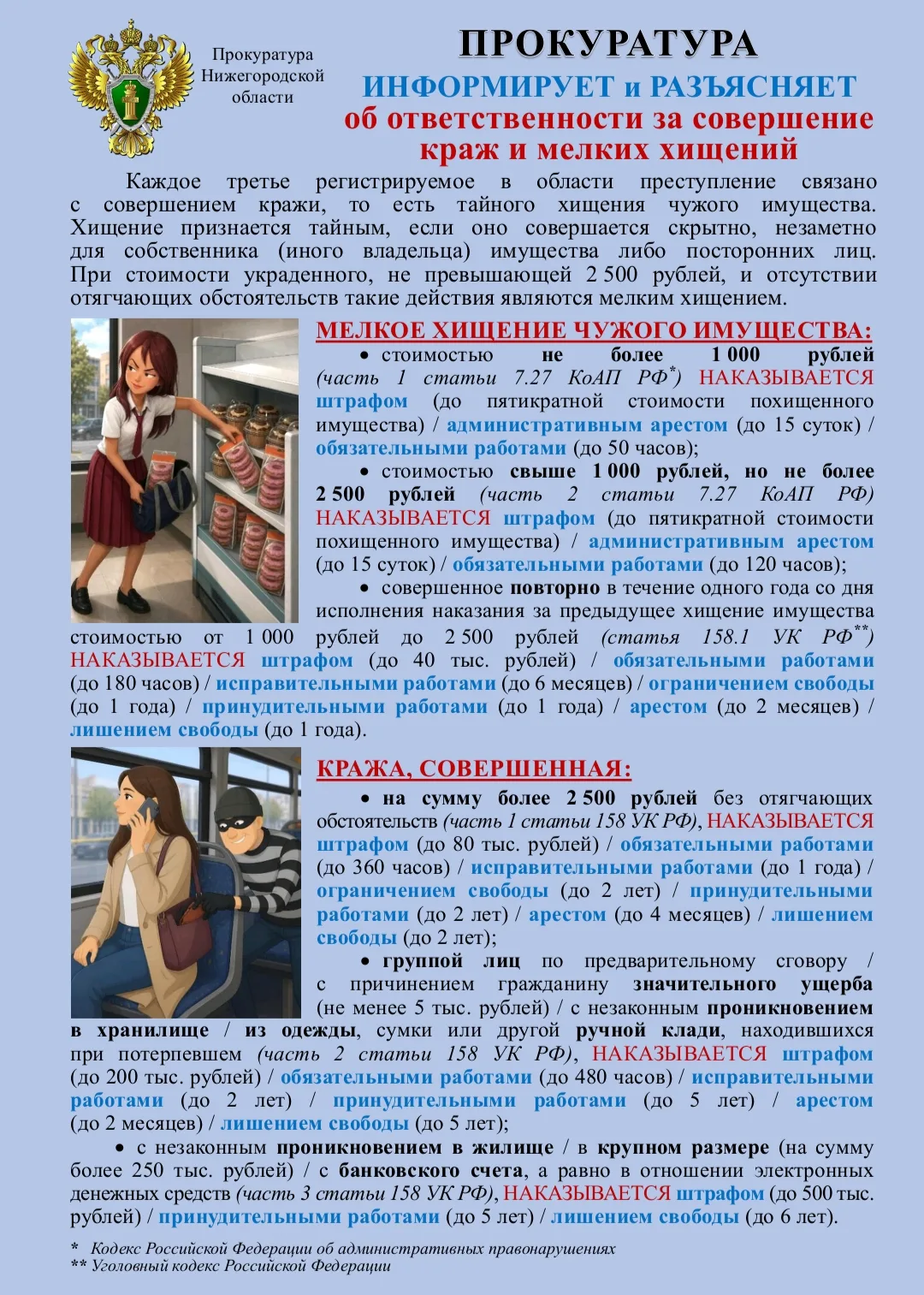 Памятка об ответственности за совершение краж и мелких хищений.