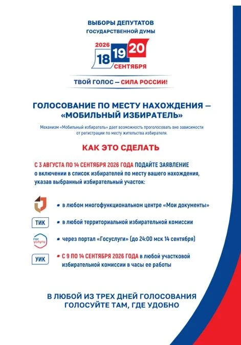 С 3 августа 2026 года стартовал прием заявлений о голосовании по месту нахождения «Мобильный избират