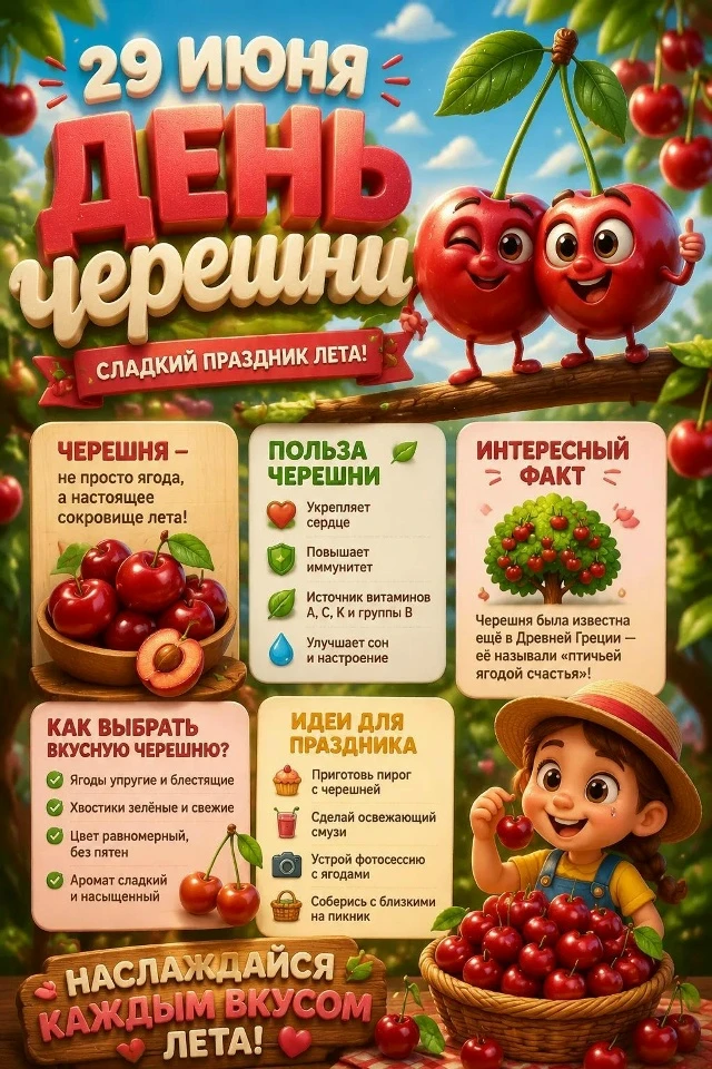 🍒 С Днём черешни!

Сегодня отмечаем сладкий и солнечный праздник — День черешни! 🎉 Эта ягода не то