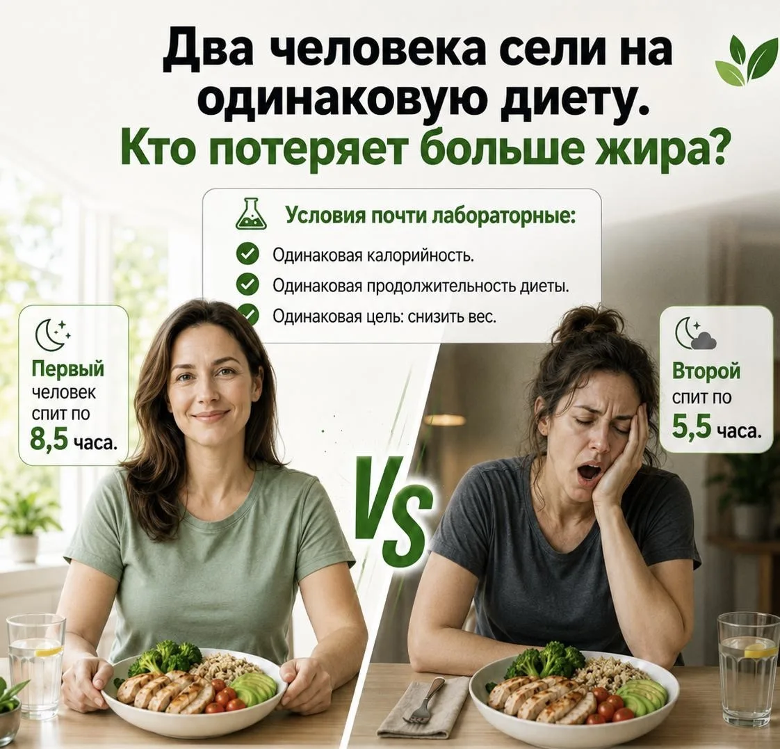 Два человека сели на одинаковую диету. Кто потеряет больше жира?

Условия почти лабораторные:

Одина
