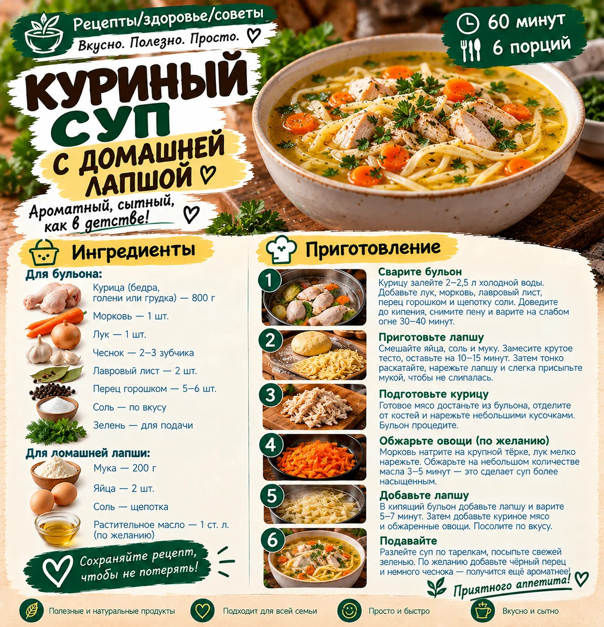 🍲 КУРИНЫЙ СУП С ДОМАШНЕЙ ЛАПШОЙ