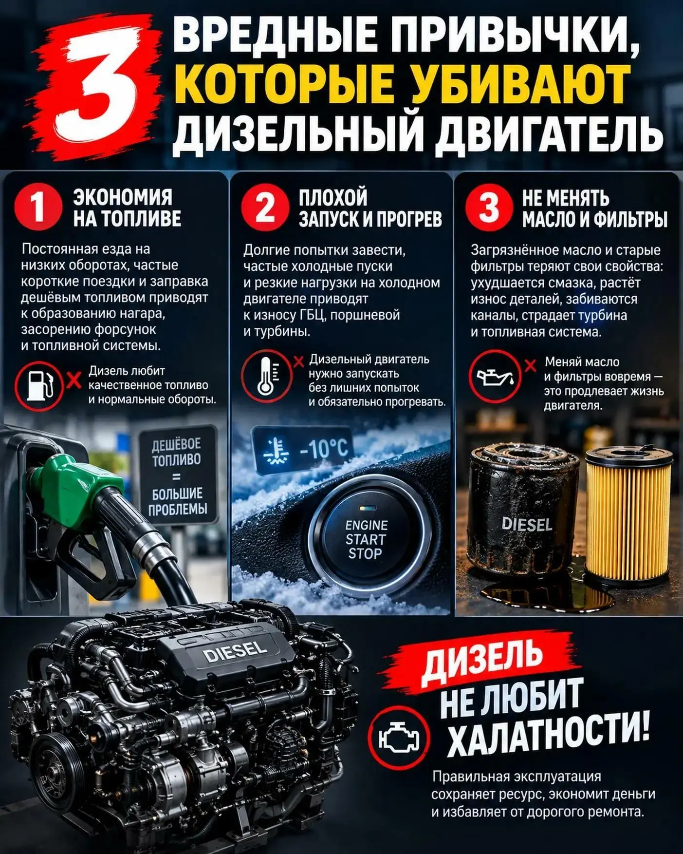 3 ВРЕДНЫЕ ПРИВЫЧКИ КОТОРЫЕ УБИВАЮТ ДИЗЕЛЬНЫЙ ДВИГАТЕЛЬ