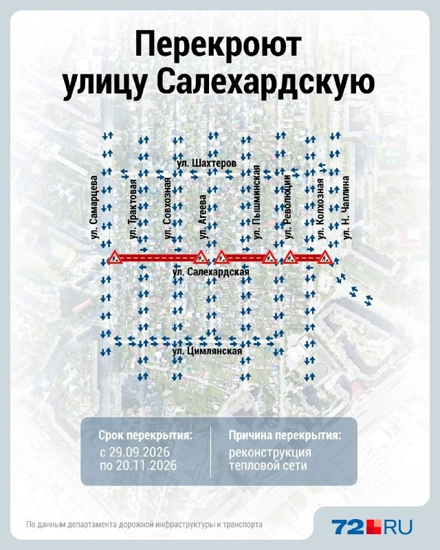 🚧 Улицу Салехардскую перекроют до 20 ноября из-за реконструкции тепловой сети