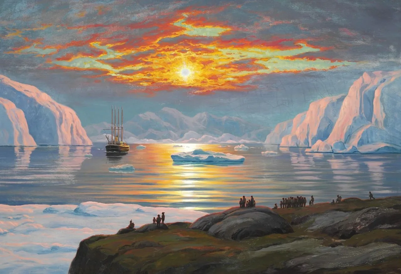 #утренняя_картина 

Эмануэль Петерсен (Дания, 1894-1948) 
Вид на гренландский фьорд, освещенный летн