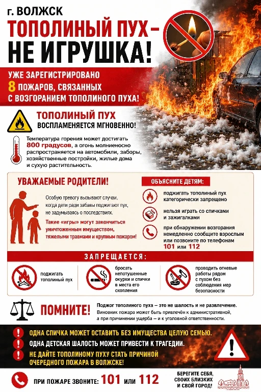 ⚠️ Тополиный пух - уже 8 пожаров!
 
Управление по делам ГОЧС информирует о том, что с начала июня на