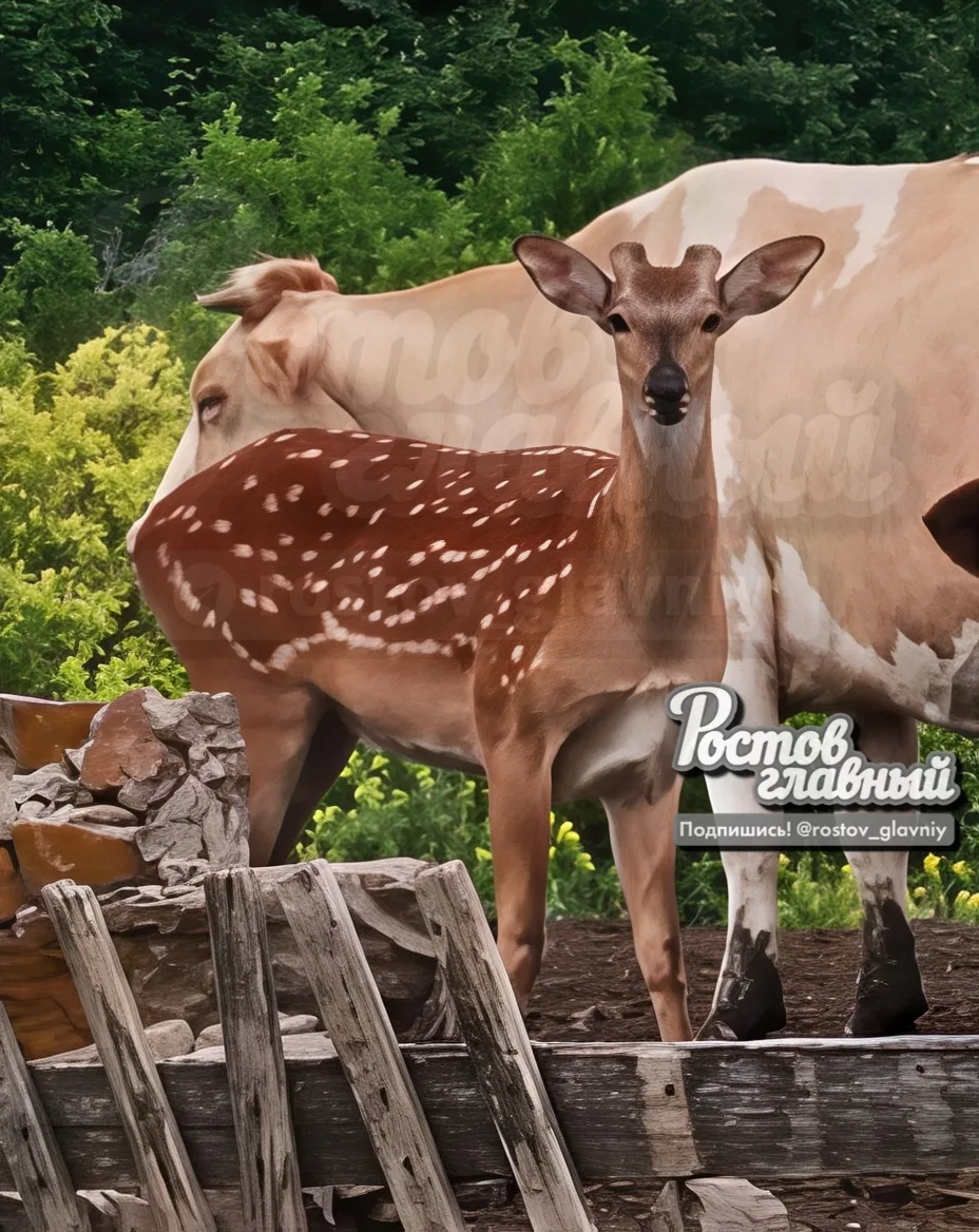🦌 Белая Калитва. Коровы привели с пастбища олениху, и она уже два месяца живёт вместе со стадом. Её