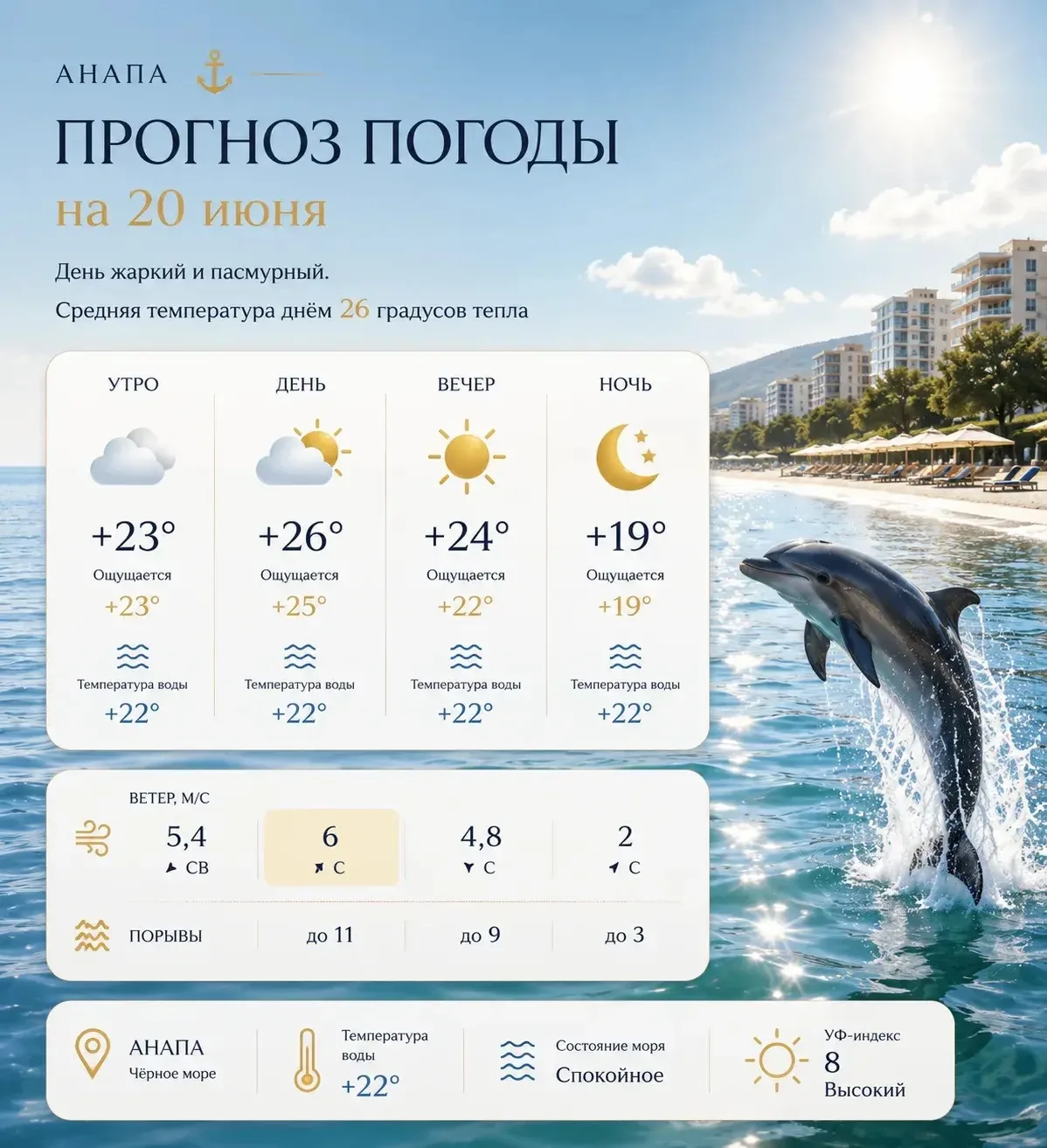 ☀️Погода 20 июня: сегодня в Анапе весь день тепло и солнечно!

Температура воздуха: днем +26°С, вече