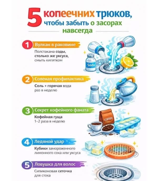 5 копеечных трюков, чтобы забыть о засорах навсегда 🚰

1. Вулкан в раковине
Полстакана соды и столь
