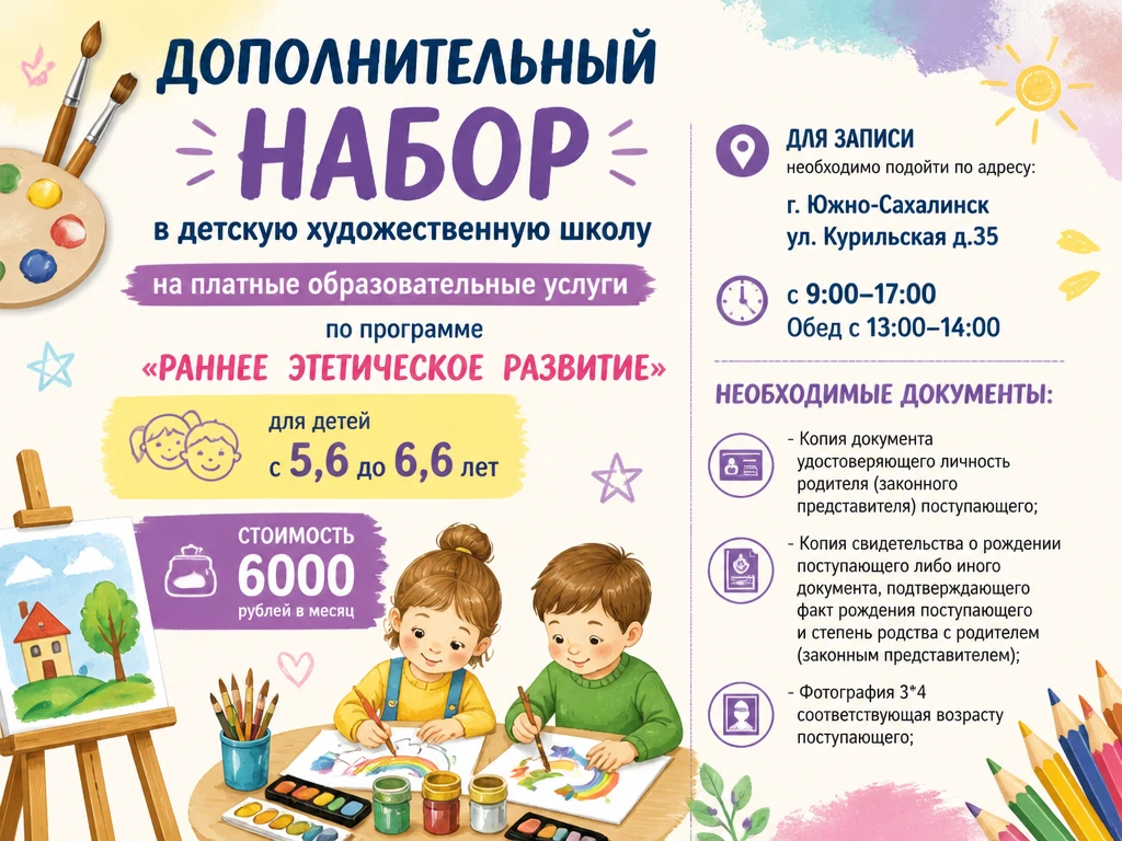 🎨 Детская художественная школа объявляет дополнительный набор на платные образовательн...
