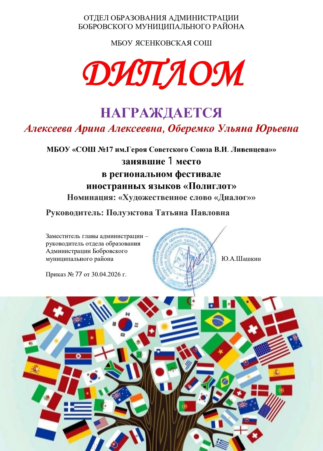 Педагог : учитель английского языка Полуэктова Татьяна Павловна .