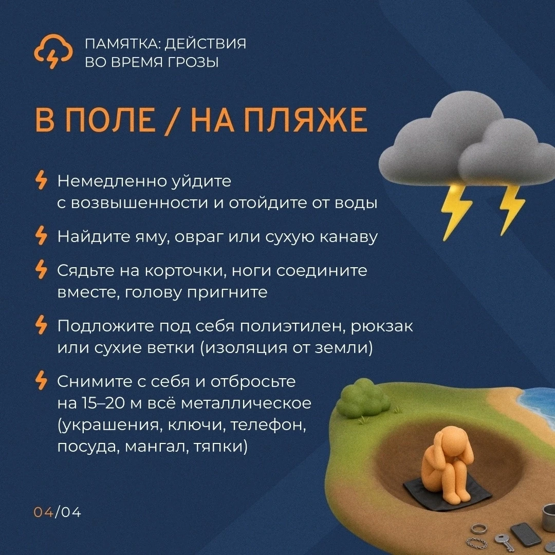 ⚡️Что делать, если началась гроза? 
 
Оказались вы дома, в машине или в поле — вести себя нужно по-р