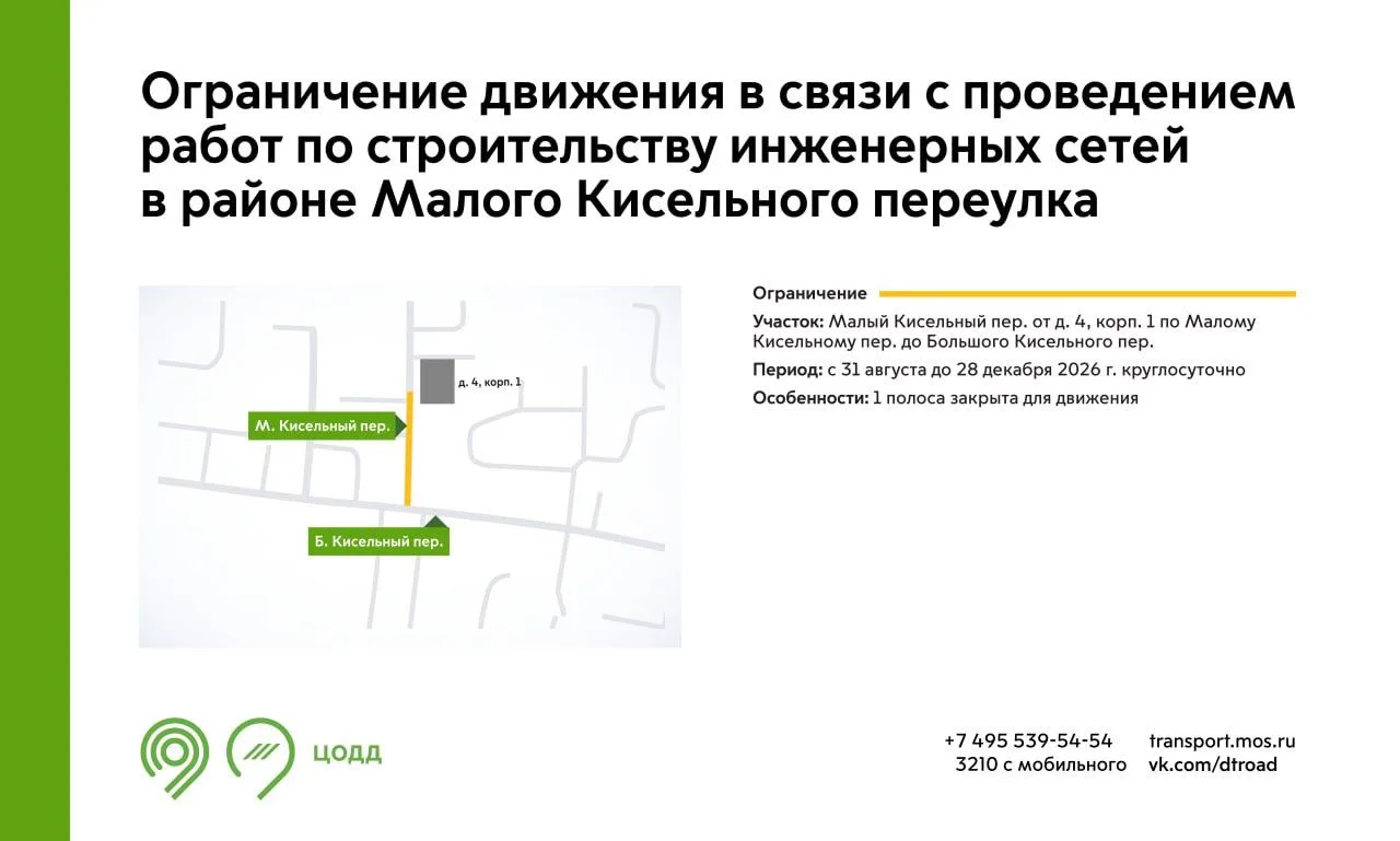 С 31 августа до 28 декабря на участке Малого Кисельного переулка будет недоступна для д...