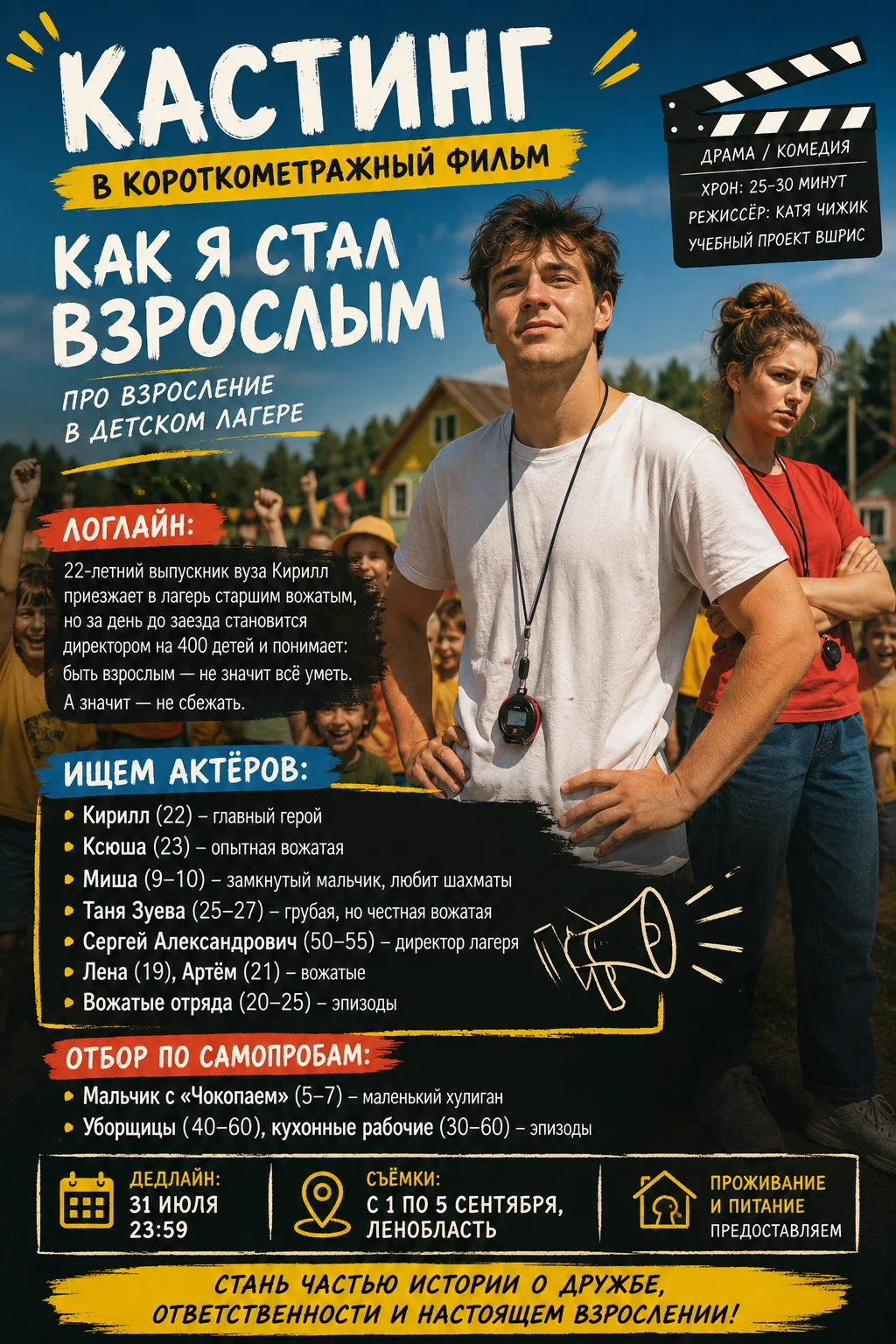🎬 КАСТИНГ В КОРОТКОМЕТРАЖНЫЙ ФИЛЬМ

Проект: «Как я стал взрослым»
🎭 Жанр: драма / комедия
🎓 Учебн