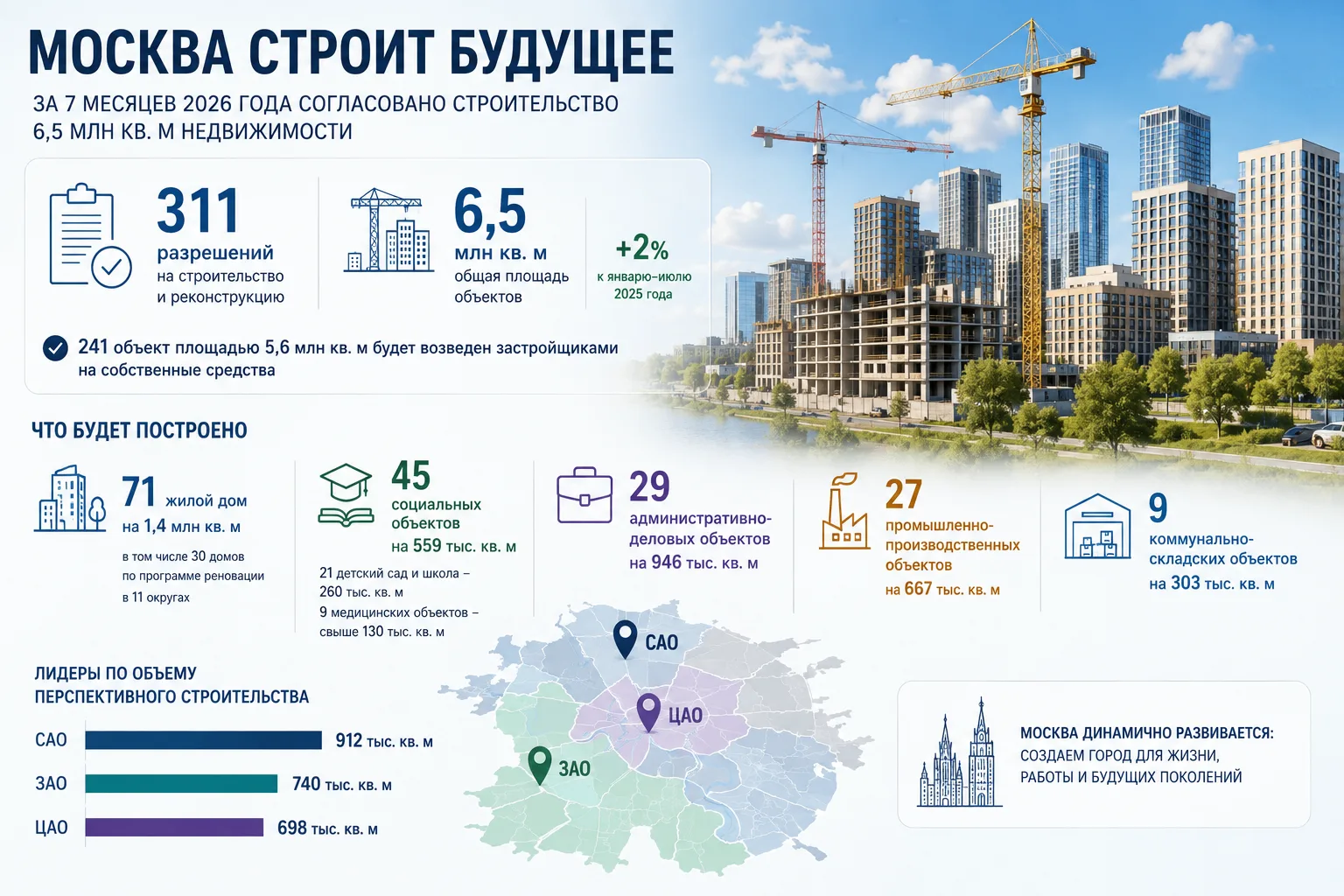 Москва наращивает объем будущего строительства: за семь месяцев согласовано 6,5 млн кв. м