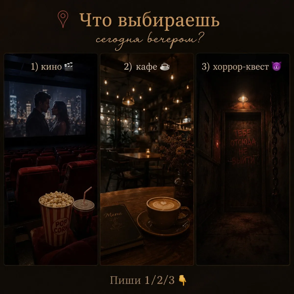 📍 Вечерний выбор:
1) кино
2) кафе
3) хоррор‑квест 😈

Пиши 1/2/3 👇

🗝️ https://darkgames48.ru
☎️ 