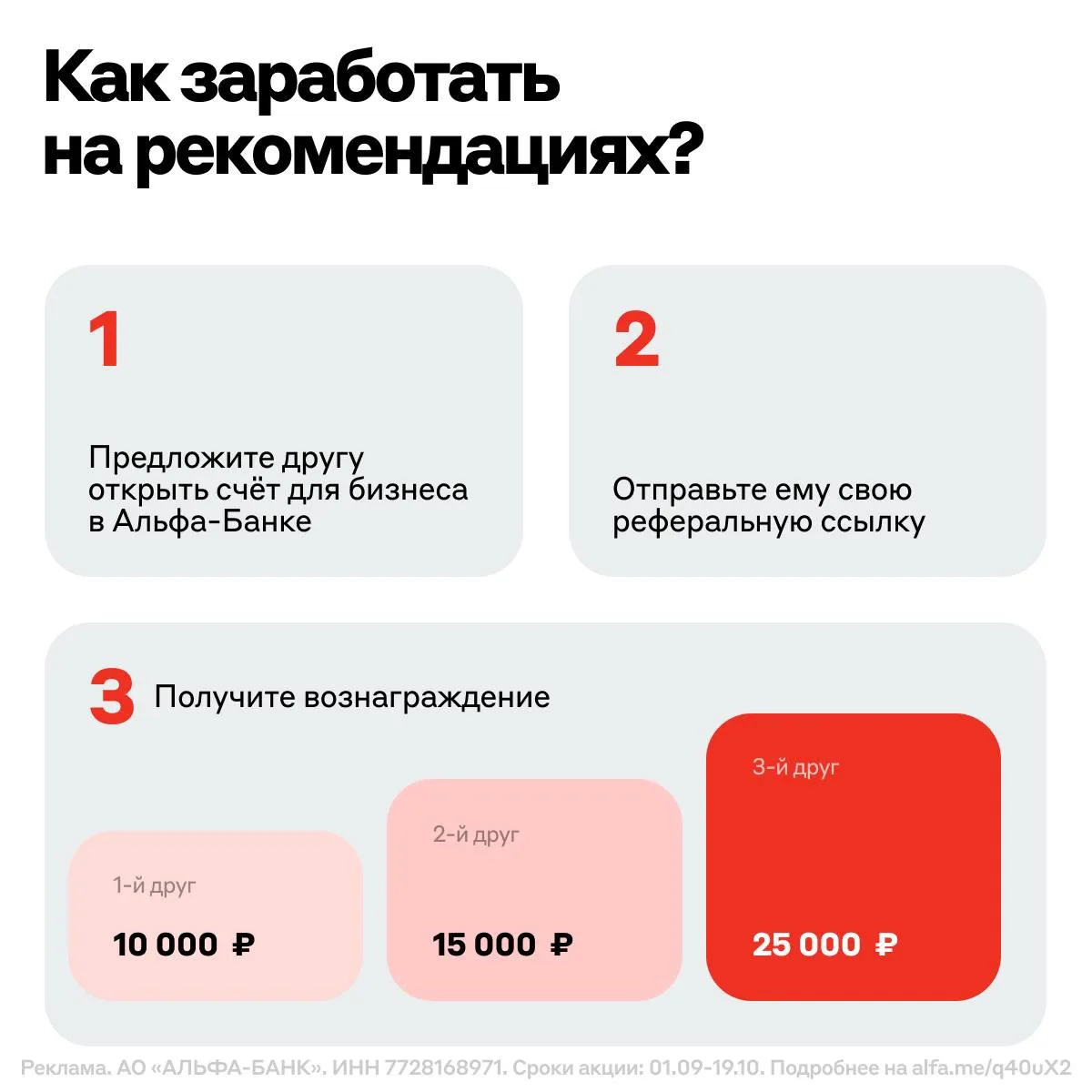 Альфа-Банк начисляет 50 тысяч рублей за рекомендации.