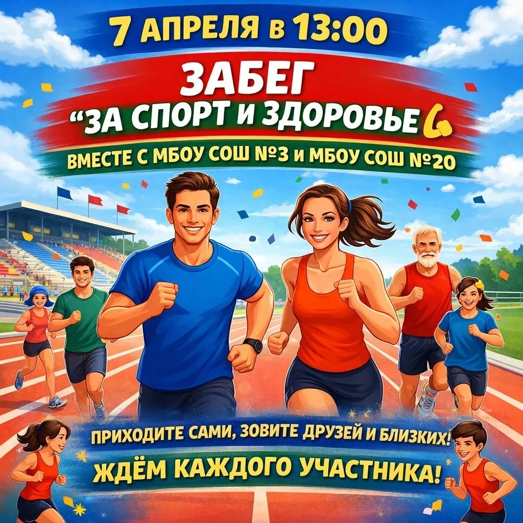 🏃‍♂️ Приглашаем на массовый забег!  7 апреля в 13:00 на стадионе МБОУ СОШ №20 состоится забег «За сп