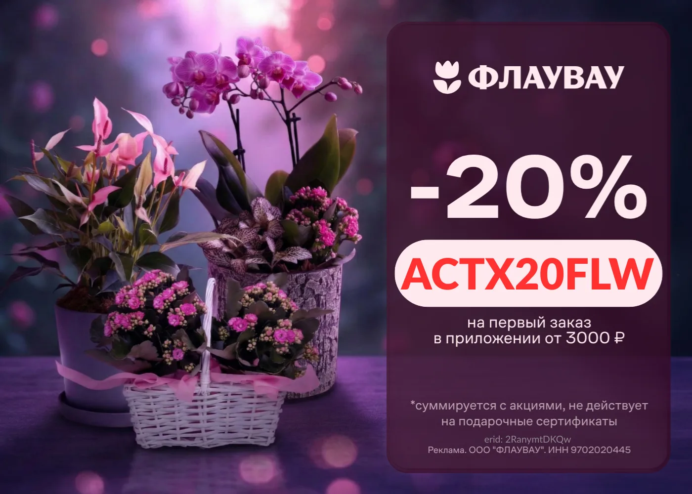 #ФЛАУВАУ

ACTX20FLW - 20% на первый заказ на все категории от 3 000 ₽

📎 Активировать по ссылке(кли