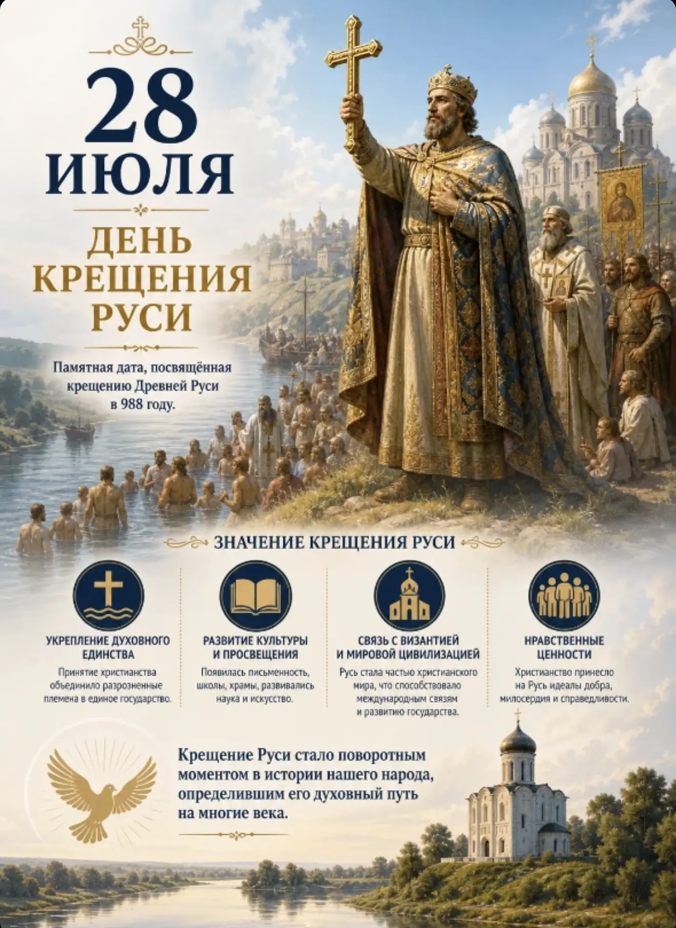 🕊️ 28 июля — День Крещения Руси

🇷🇺 В этот день в 988 году князь Владимир сделал выбор, который о