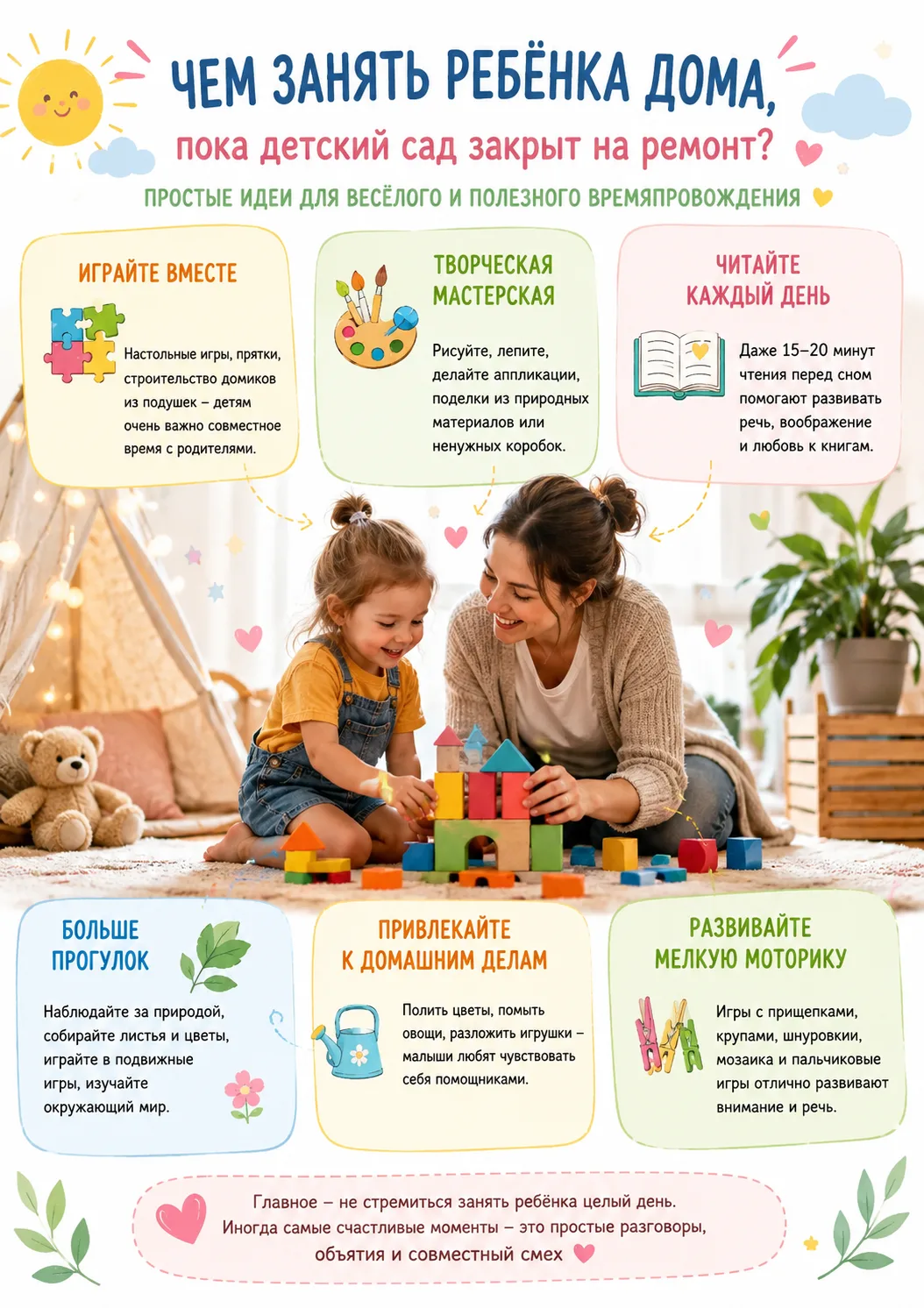🏡 Чем занять ребёнка дома, пока детский сад закрыт на ремонт? 😊
Чтобы дни проходили интересно, вес