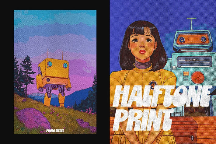 📍 Vertical Halftone Comics Print Photo Effect