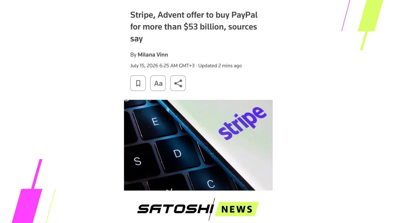 #PayPal #PYUSD
Stripe и Advent хотят купить PayPal за $53 млрд. Источник

подписаться | satoshi.ru