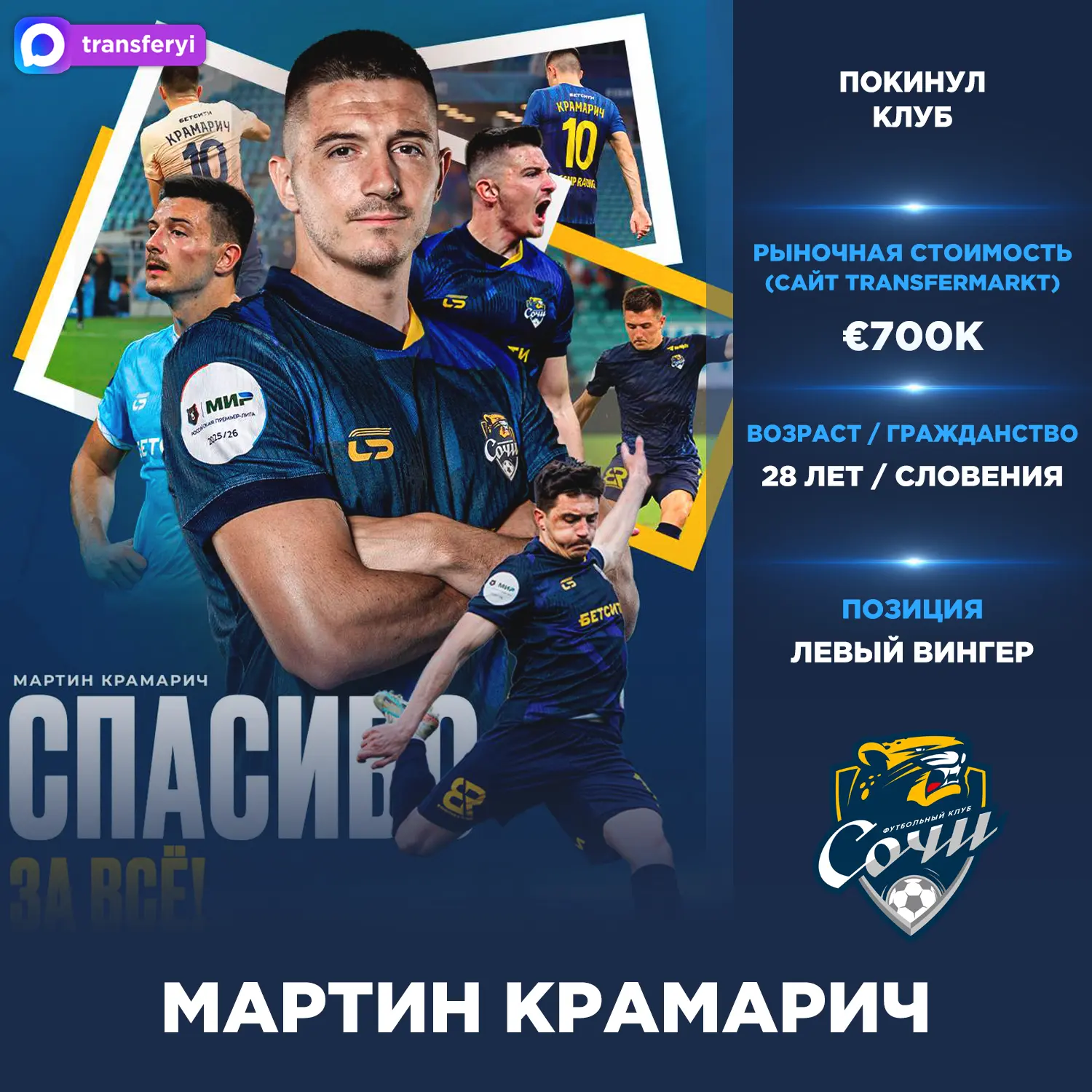 Официально: Мартин Крамарич покинул «Сочи».
