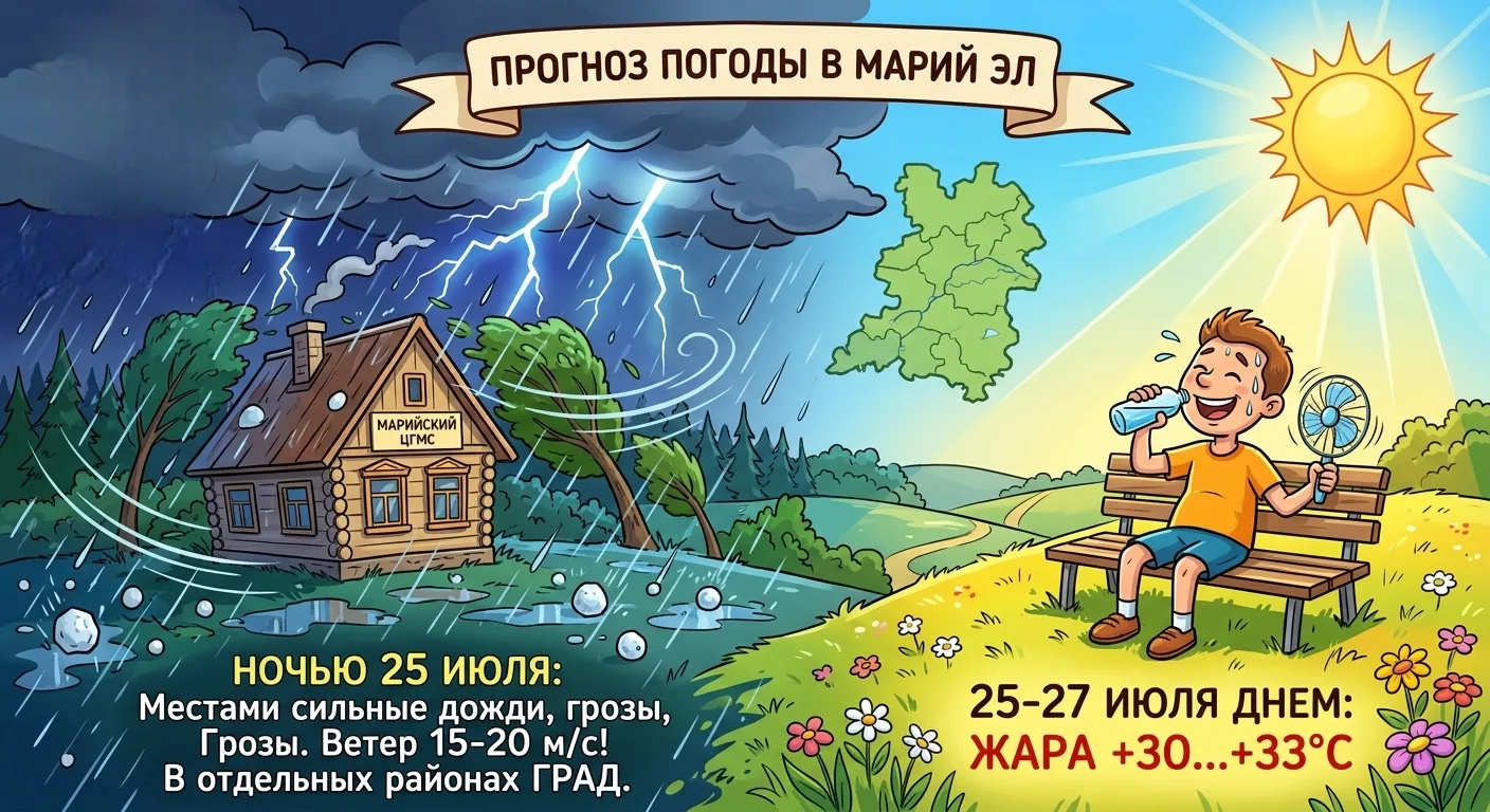 От Марийского ЦГМС – Филиала ФГБУ «Верхне-Волжское УГМС» поступил прогноз: «Ночью 25 ию...