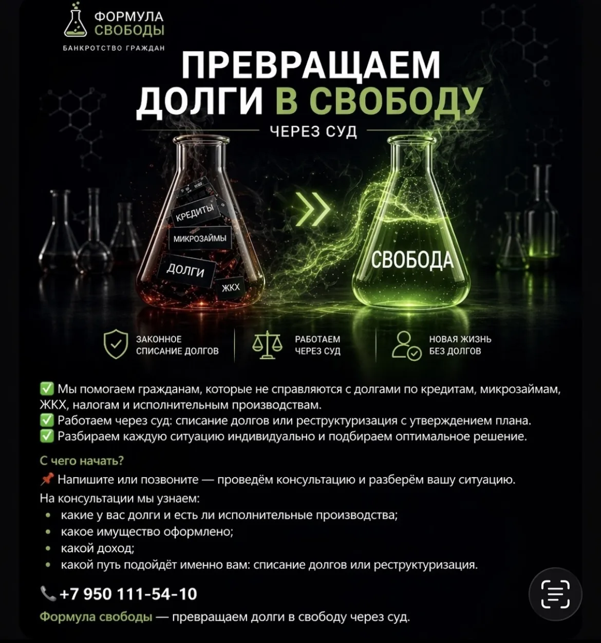 🧪 ФОРМУЛА СВОБОДЫ  
Банкротство граждан | Помощь по долгам

Если у вас кредиты, микрозаймы, долги п