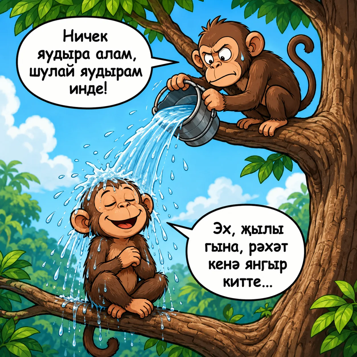 Ике маймыл агачта утыра. Берсе өске ботакта, икенчесе – аскы. Астагысы:
