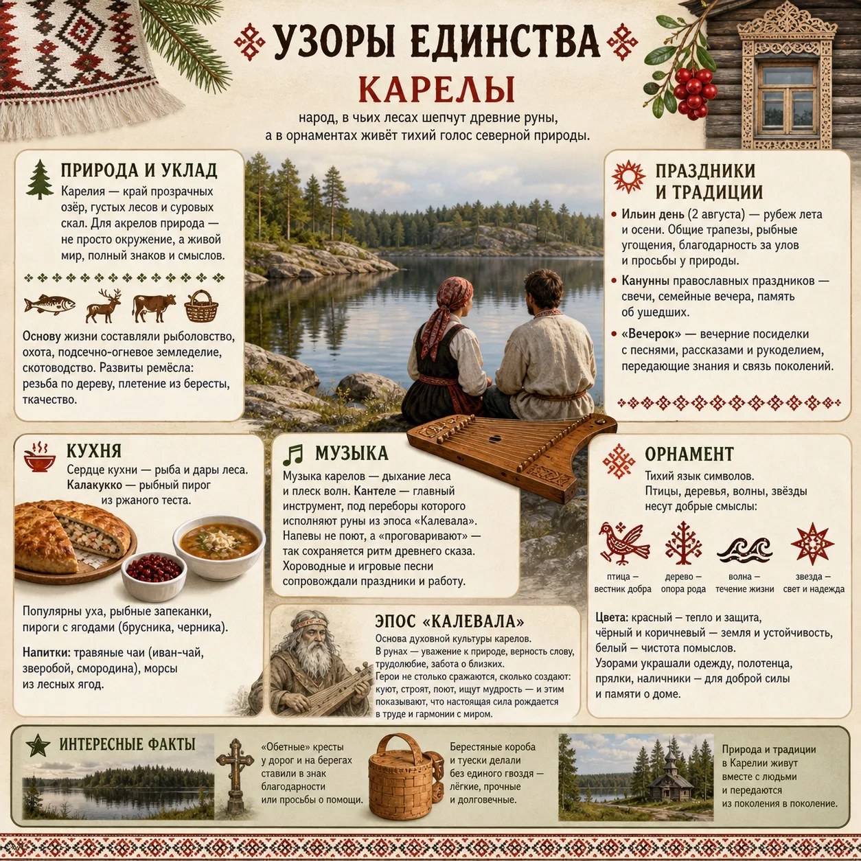 В рубрике «Узоры единства» — карелы: народ, в чьих лесах шепчут древние руны, а в орнам...