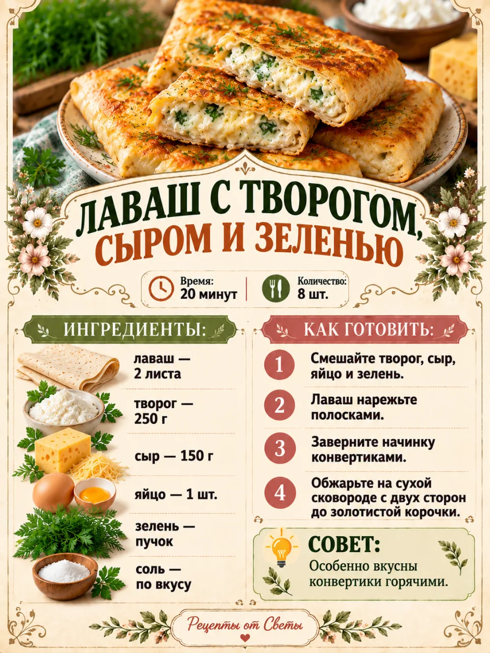 🧀 Лаваш с творогом, сыром и зеленью