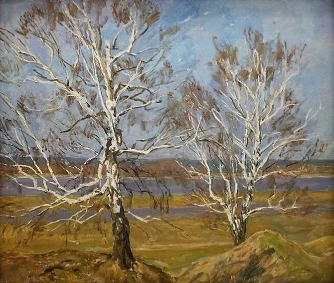 👆 Алексей Грицай. Старые березы. Этюд. 1974. Бумага на оргалите, масло. 59,5 х 70