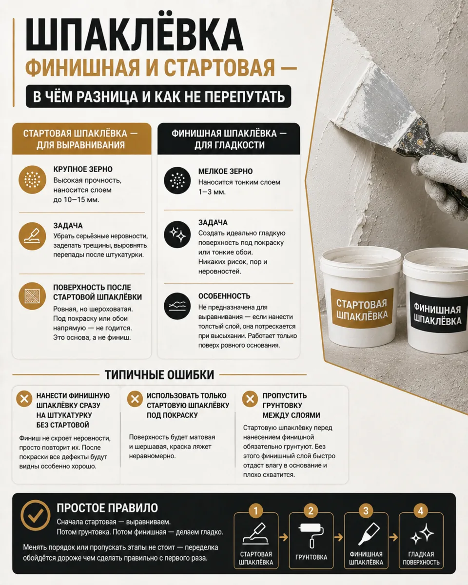 Шпаклёвка финишная и стартовая — в чём разница и как не перепутать 🤔