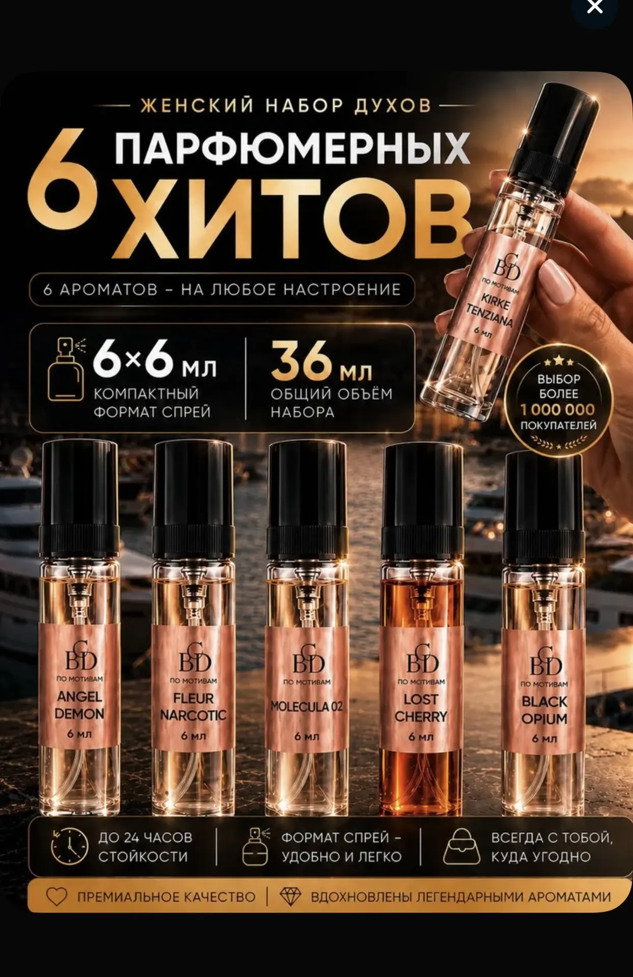 Набор пробников духов, стойкие, 6 штук