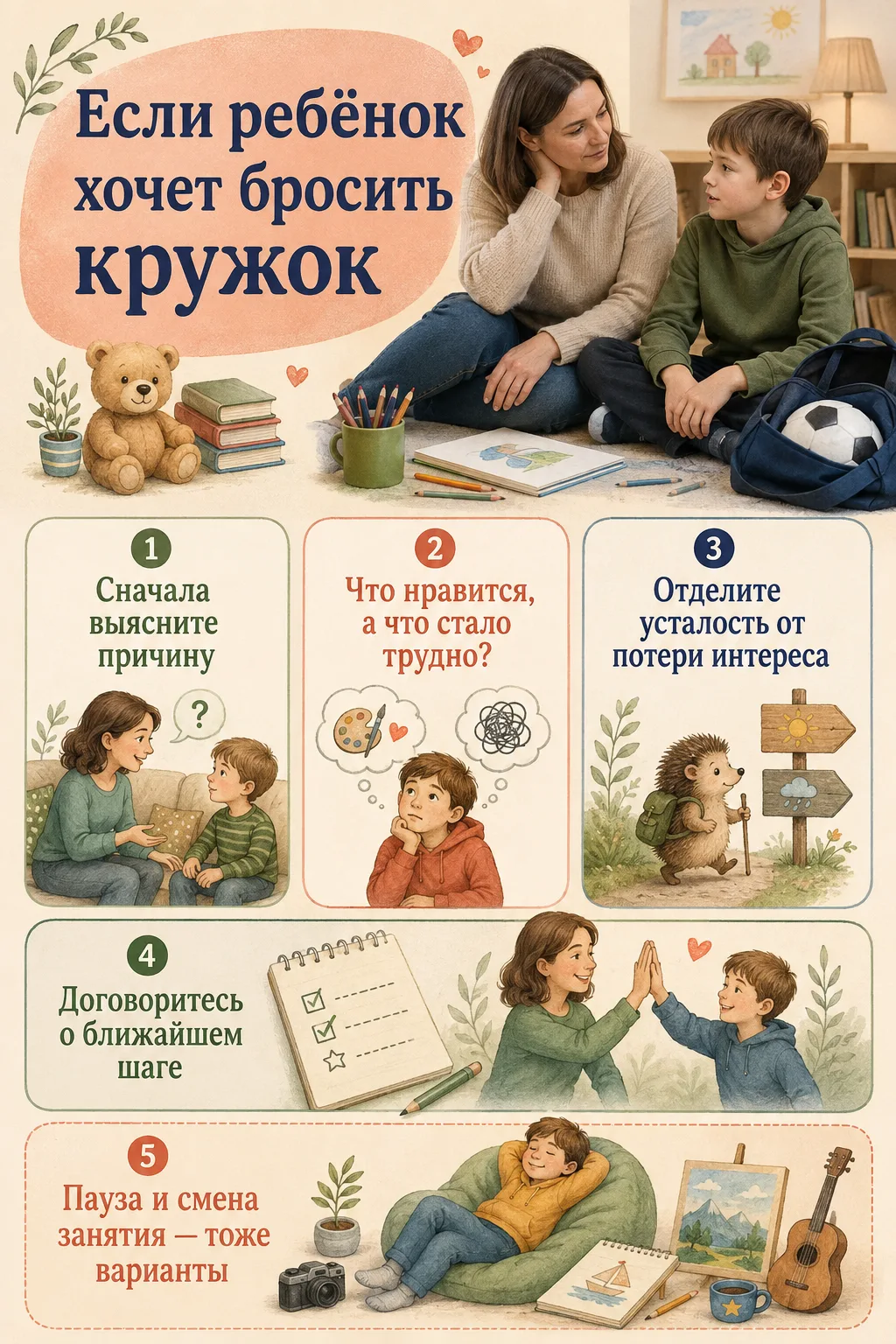 🎒 Если ребёнок хочет бросить кружок