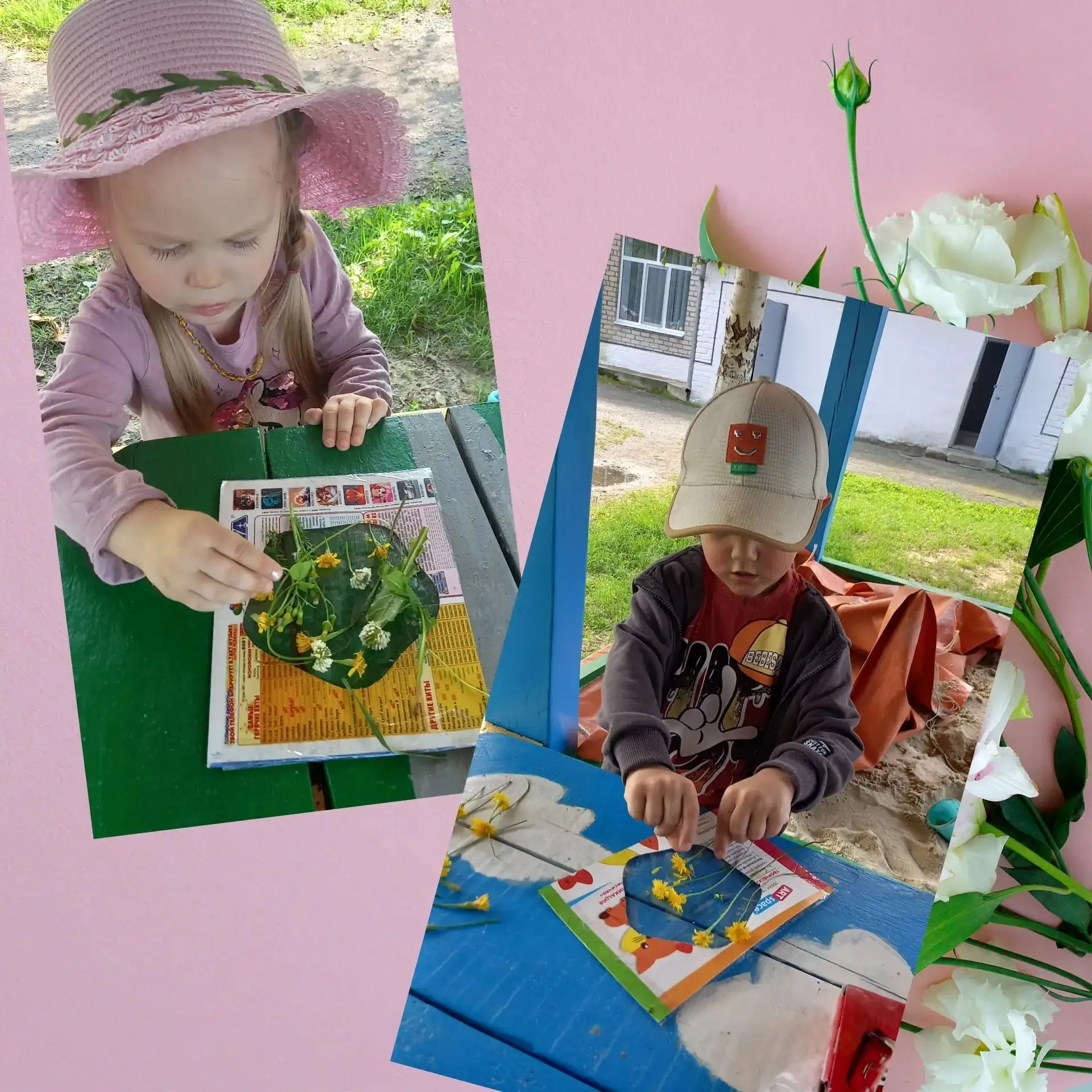 💐Панно из живых трав и цветов на скотче.

☀️Тёплый солнечный день. На участке детского сада кипит р