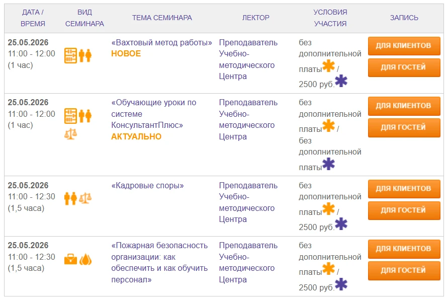 Расписание семинаров учебного центра на следующую неделю.