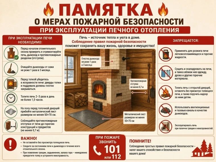 🔥 Памятка о пожарной безопасности при эксплуатации печного отопления