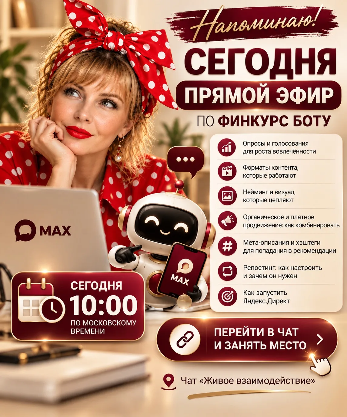 🔥 НАПОМИНАЮ: СЕГОДНЯ В 10:00 ПРЯМОЙ ЭФИР С РАЗРАБОТЧИКОМ ФИНКУРС БОТА!