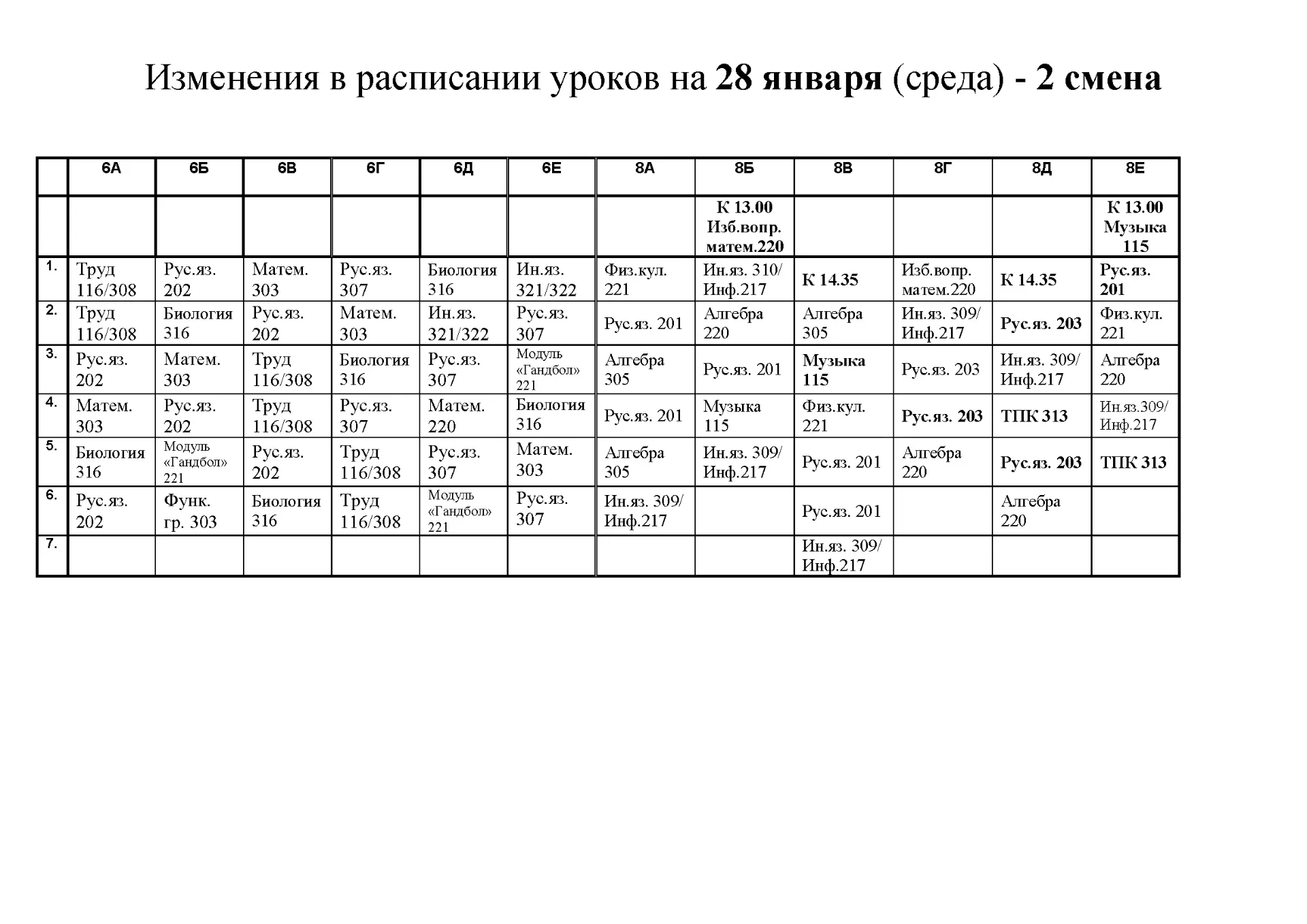 ✅ Изменения в расписании уроков для обучающихся в корпусе А на 28 января (среда) — 2 смена.  Чтобы н